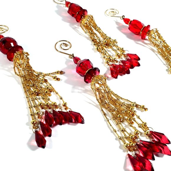 Hand Made Beaded Ornaments Vintage Gold Red Tree Decoration Classic Christmas - Picture 2 of 5